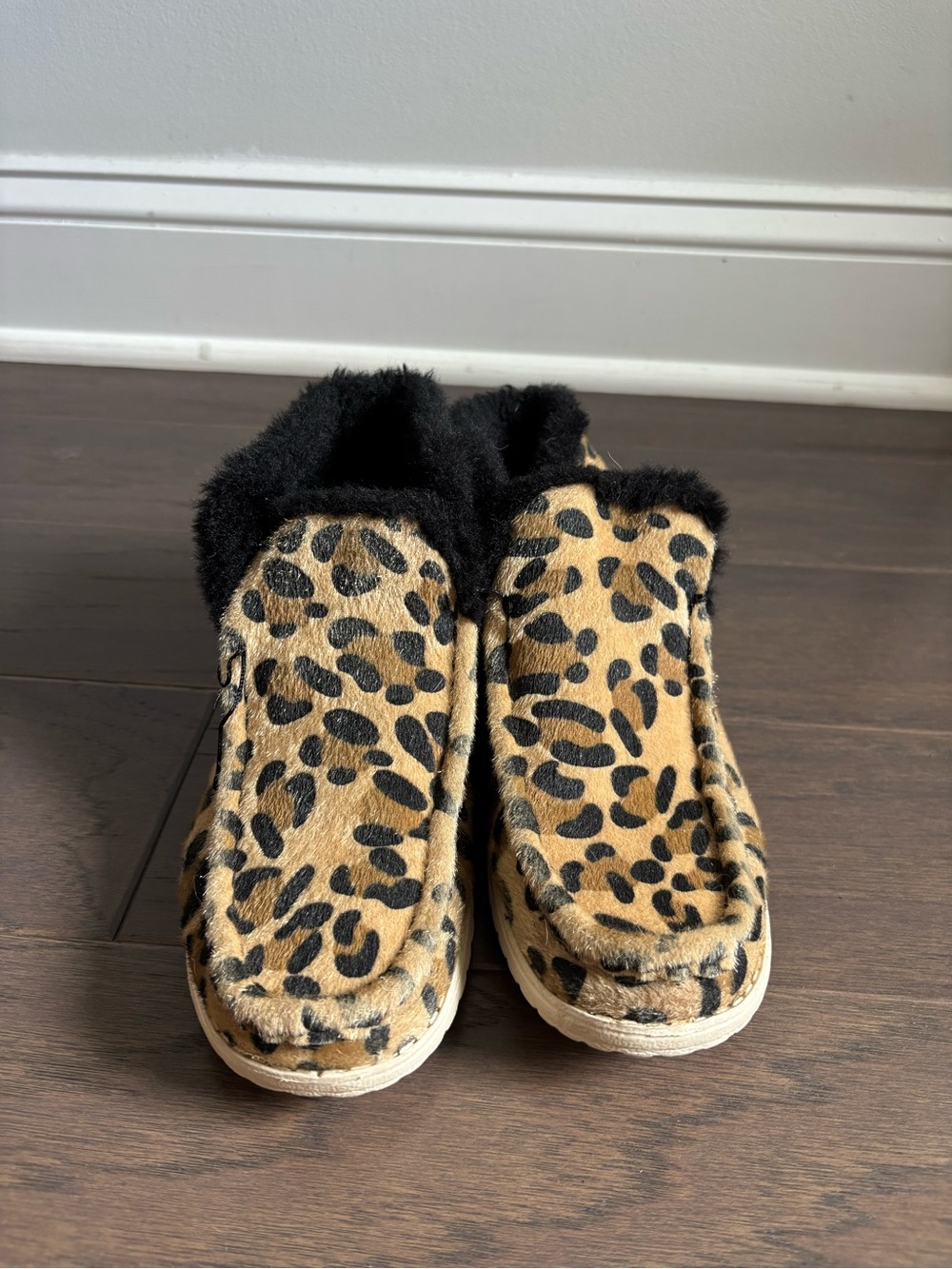 Kids Leopard Faux-Fur Lined Slip-On Slippers - Black & Tan